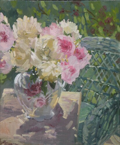 Peonies with Green Chair